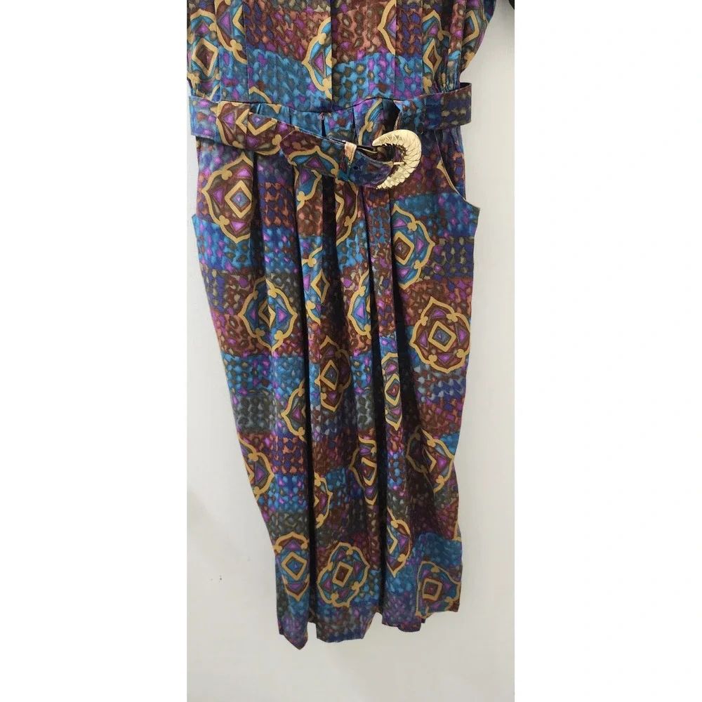Worthington Essentials Vintage Midi Dress Geometric Print Belted Rayon Size 6